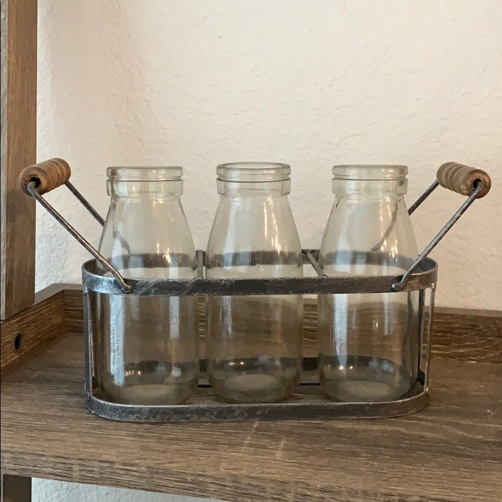 Metal Basket with Glass Milk Bottles